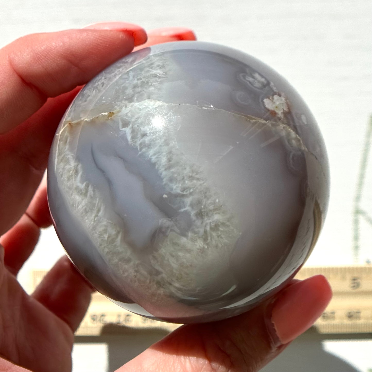 Blue Chalcedony with Flower Agate Sphere from Madagascar