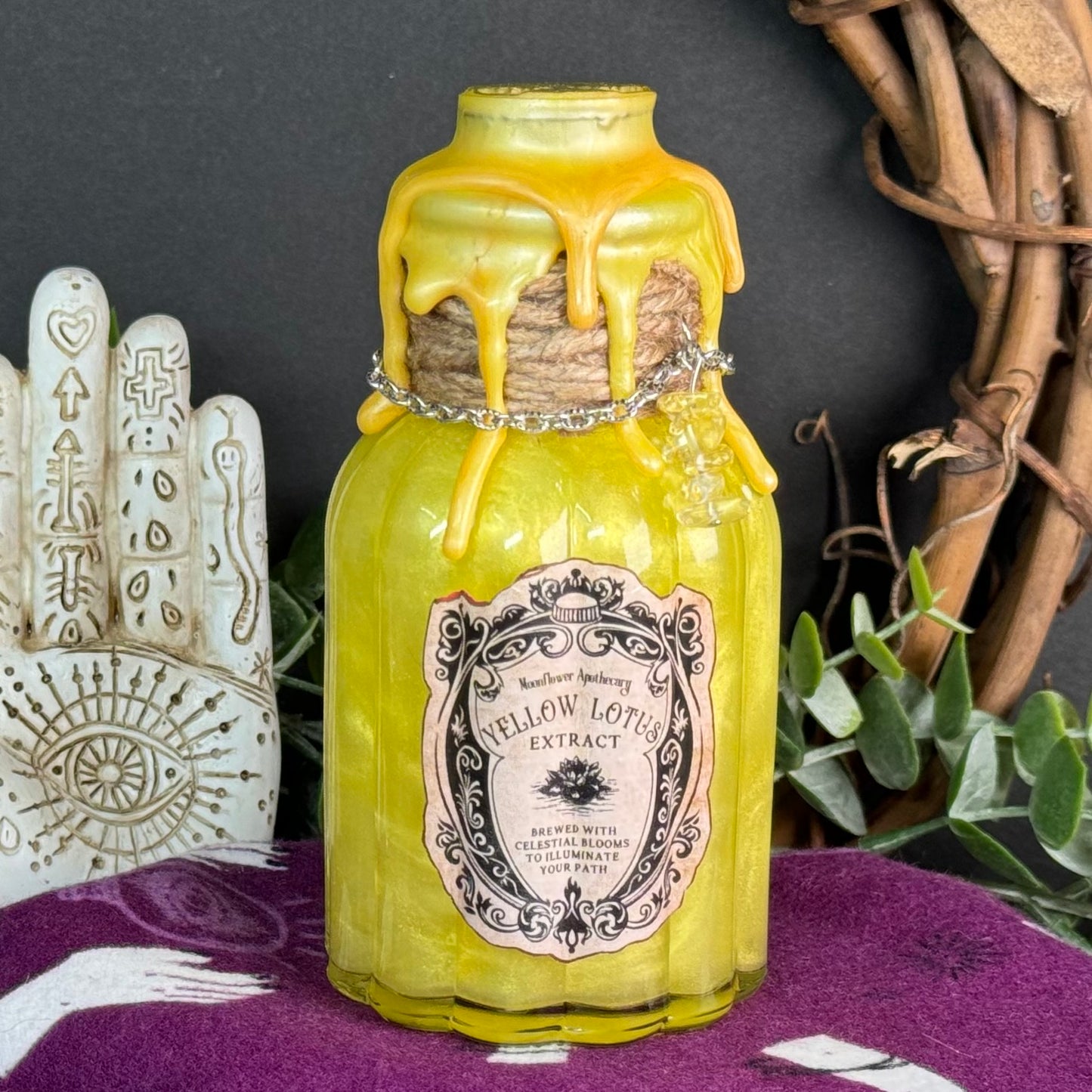 Handmade "Yellow Lotus Extract" Decorative Potion Bottle w/ Citrine Crystal Chips