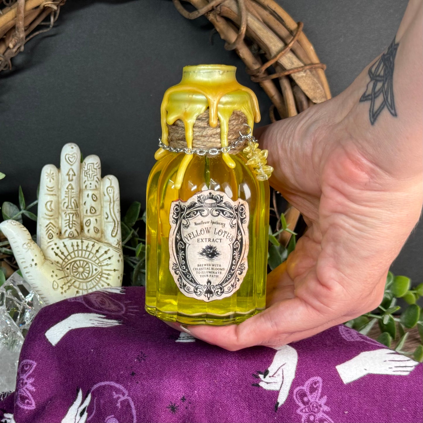 Handmade "Yellow Lotus Extract" Decorative Potion Bottle w/ Citrine Crystal Chips