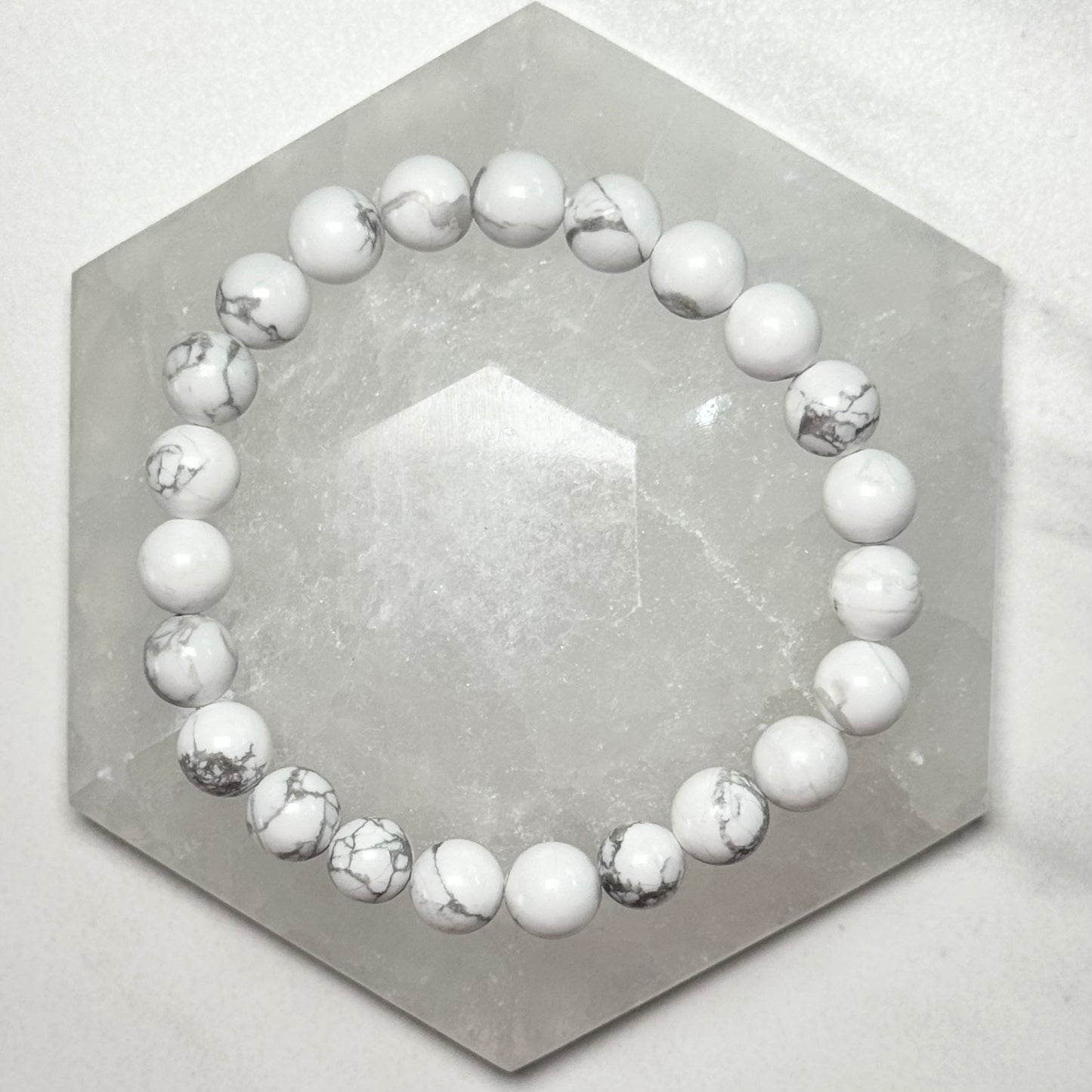 One (1) High Quality Howlite Crystal Bracelet (8mm Beads)