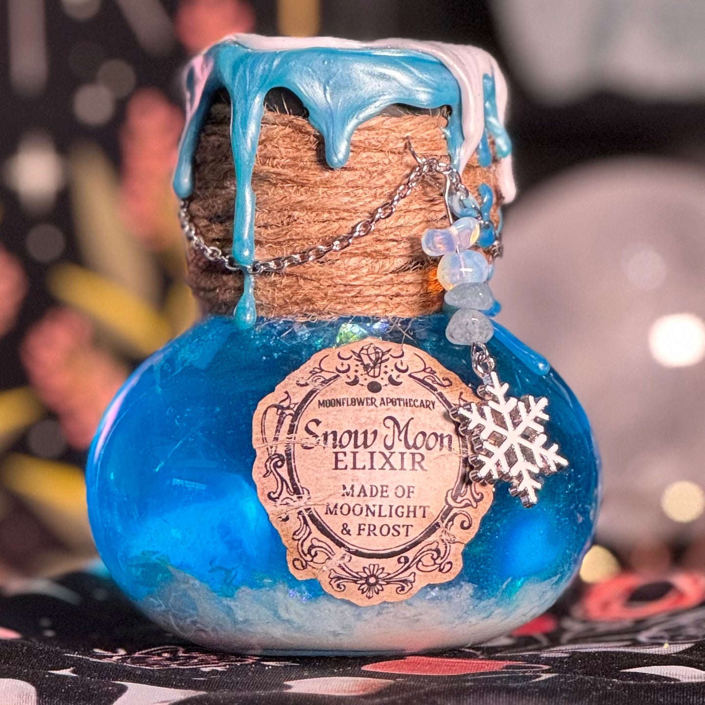 Snow Moon Elixir Decorative Potion Bottle w/ Opalite & Aquamarine
