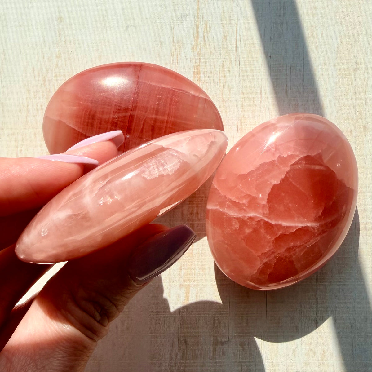 Rose Calcite Palm Stone – Warm Salmon Crystal for Self-Love