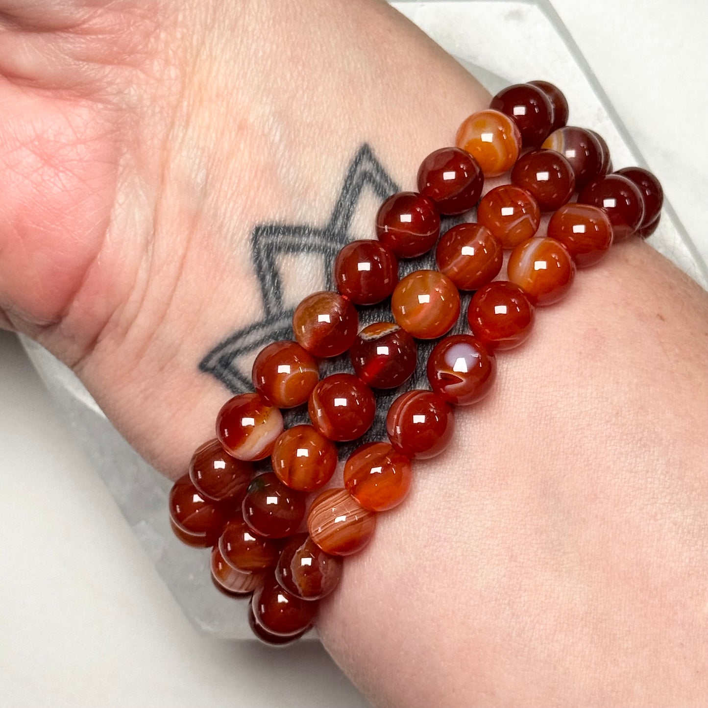 One (1) High Quality Banded Carnelian Bracelet from Brazil (8mm Bead)