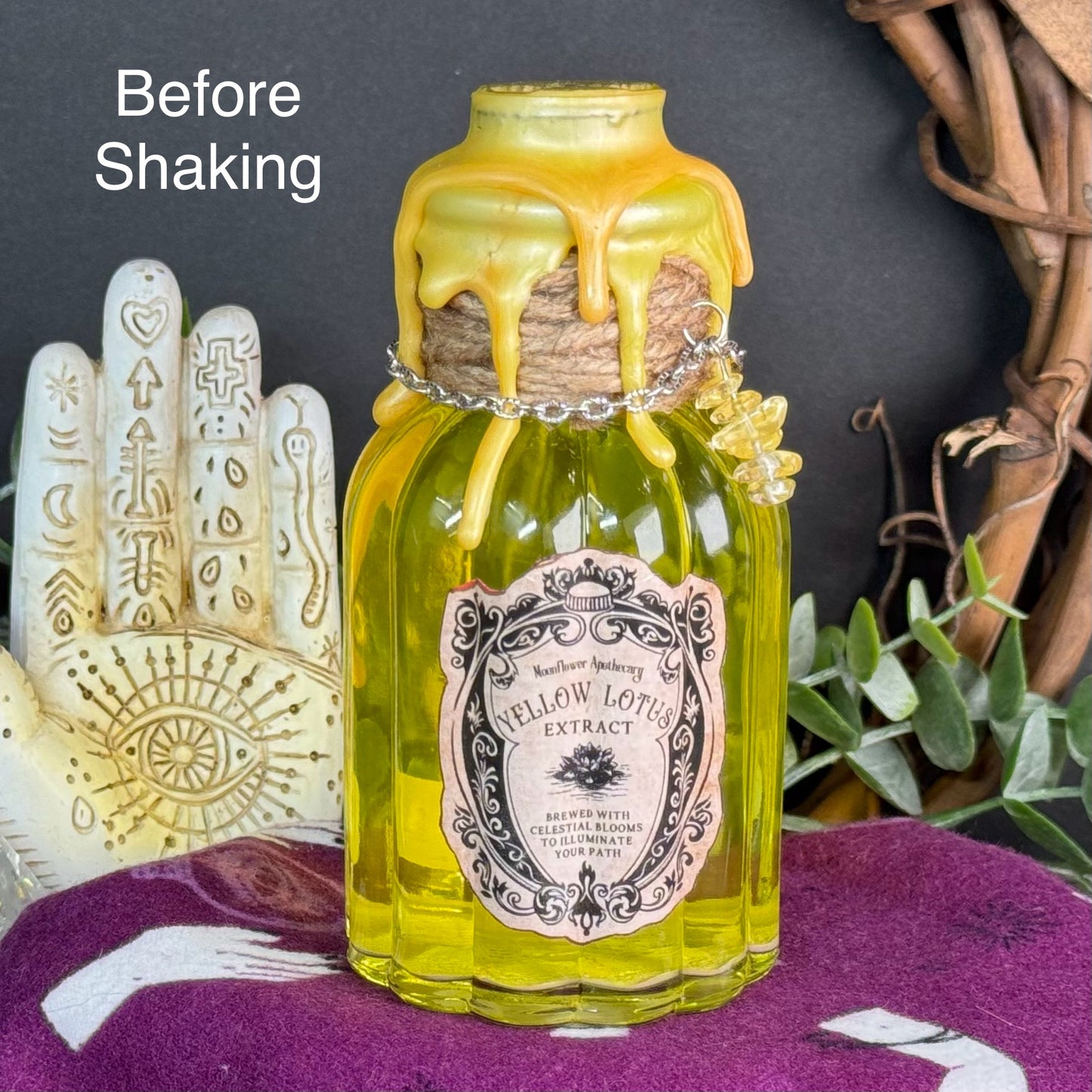 Handmade "Yellow Lotus Extract" Decorative Potion Bottle w/ Citrine Crystal Chips