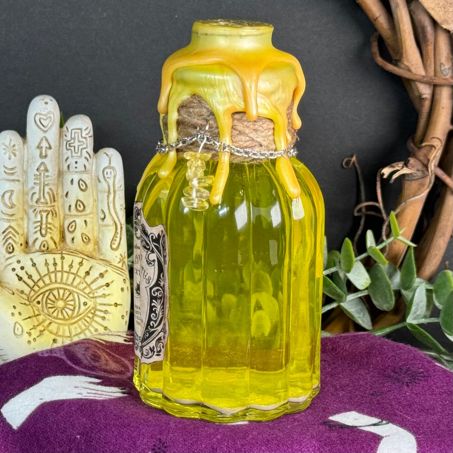 Handmade "Yellow Lotus Extract" Decorative Potion Bottle w/ Citrine Crystal Chips