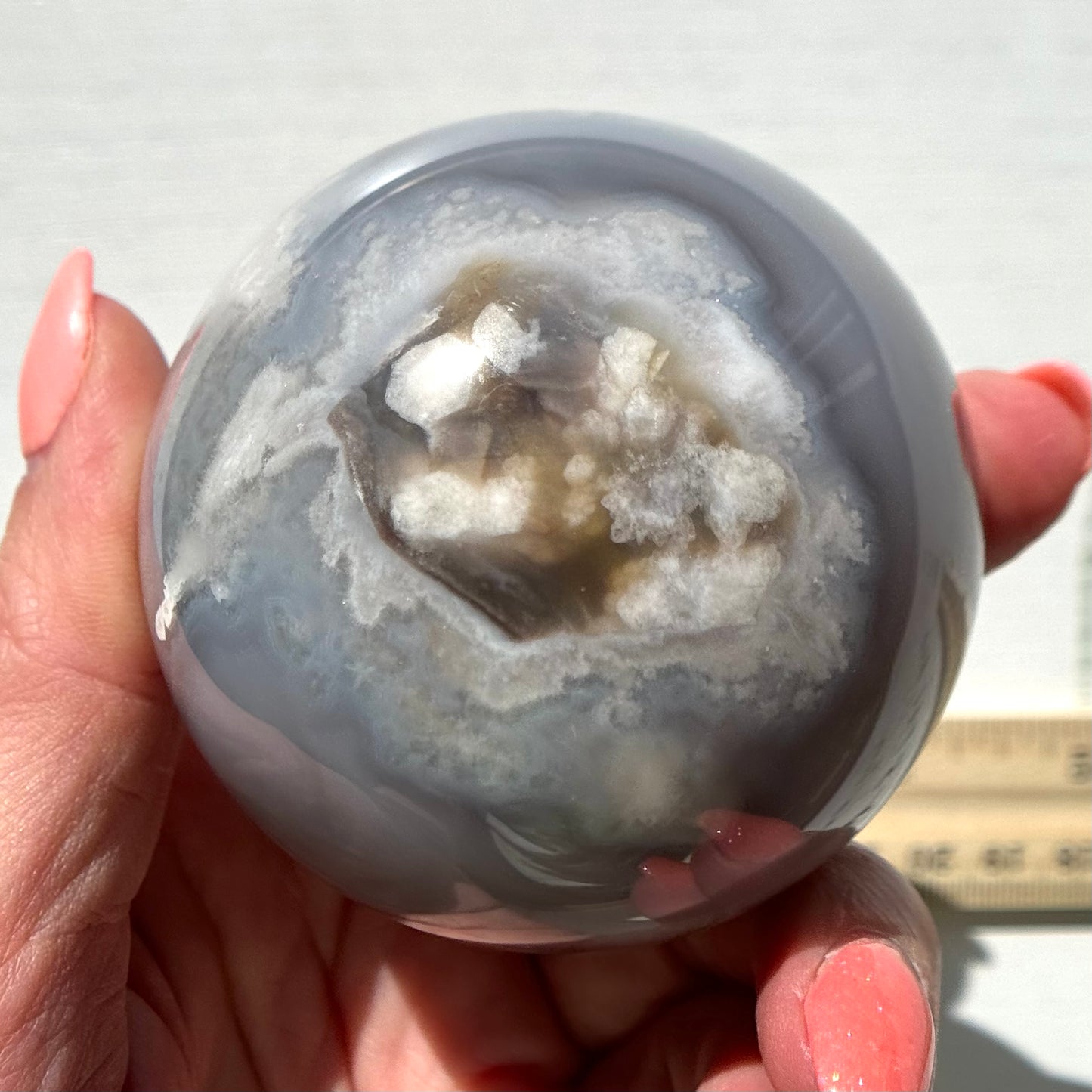 Blue Chalcedony with Flower Agate Sphere from Madagascar