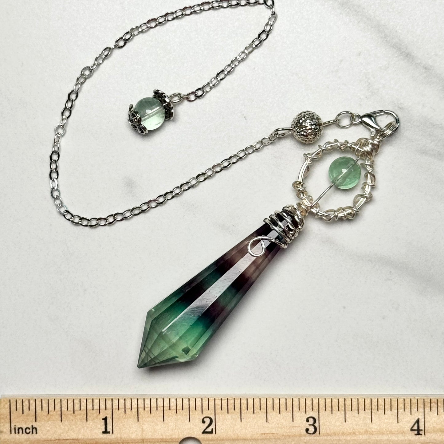 Beautiful Faceted Rainbow Fluorite Pendulum on Silver Chain