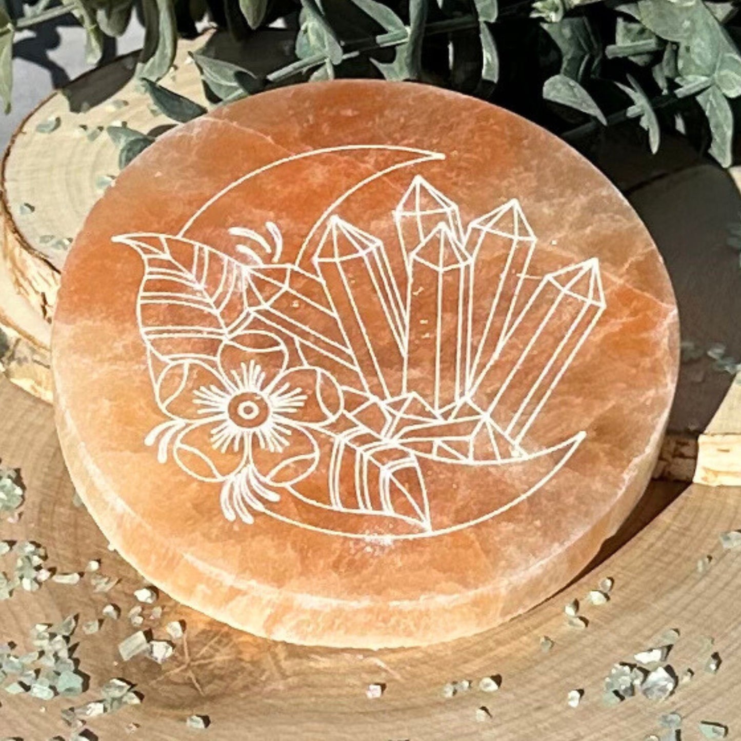 4-Inch Moon & Flower Engraved Peach Selenite Charging Plate from Morocco