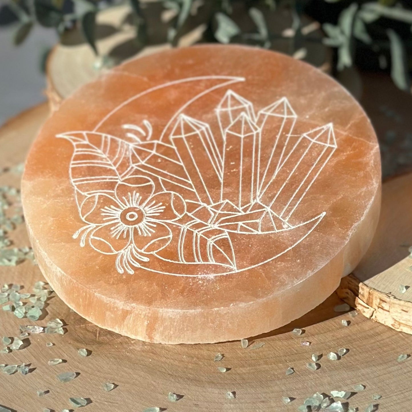 4-Inch Moon & Flower Engraved Peach Selenite Charging Plate from Morocco