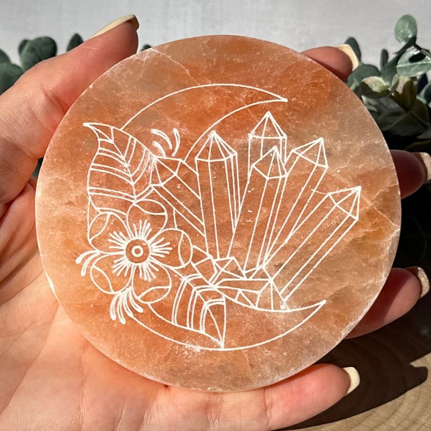 4-Inch Moon & Flower Engraved Peach Selenite Charging Plate from Morocco