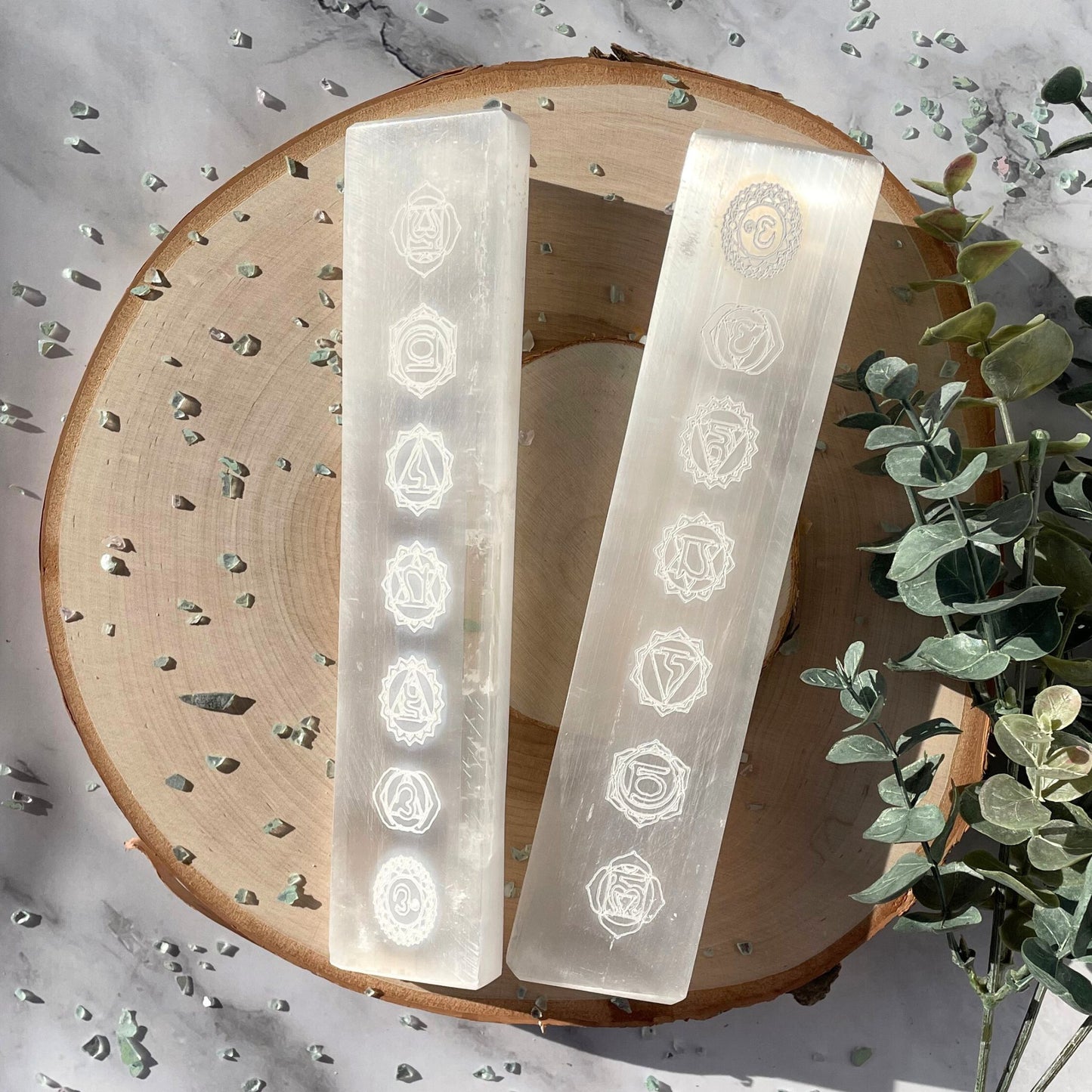 Chakra Engraved Selenite/Satin Spar Charging Plate from Morocco