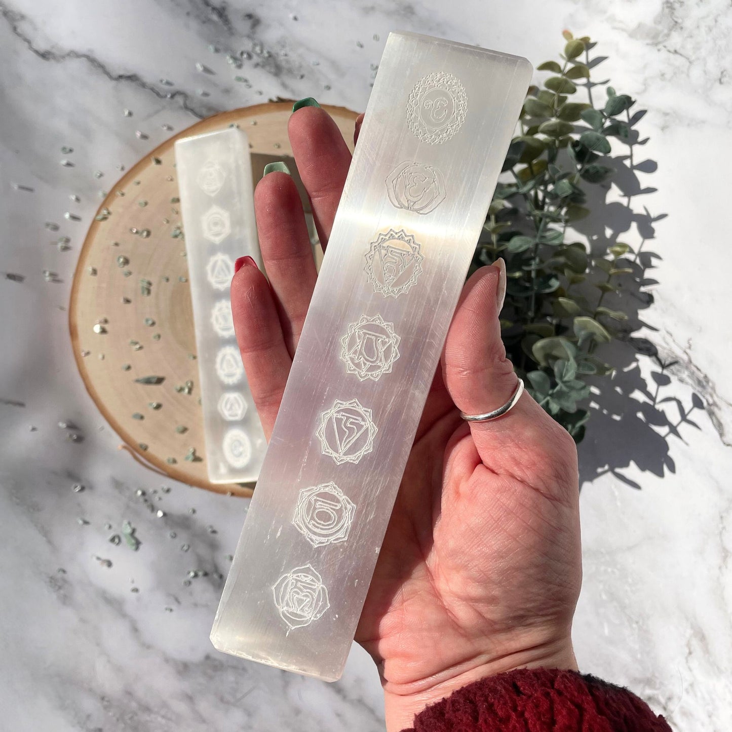Chakra Engraved Selenite/Satin Spar Charging Plate from Morocco