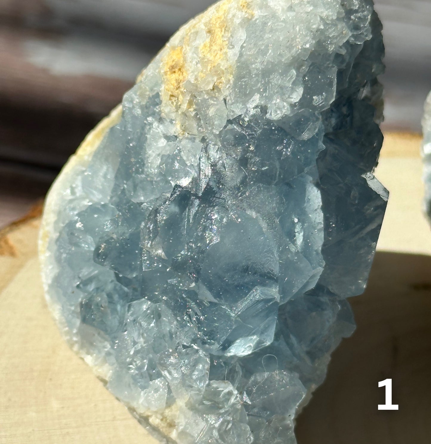 close up shot of celestite druzy cluster 1 from madagascar