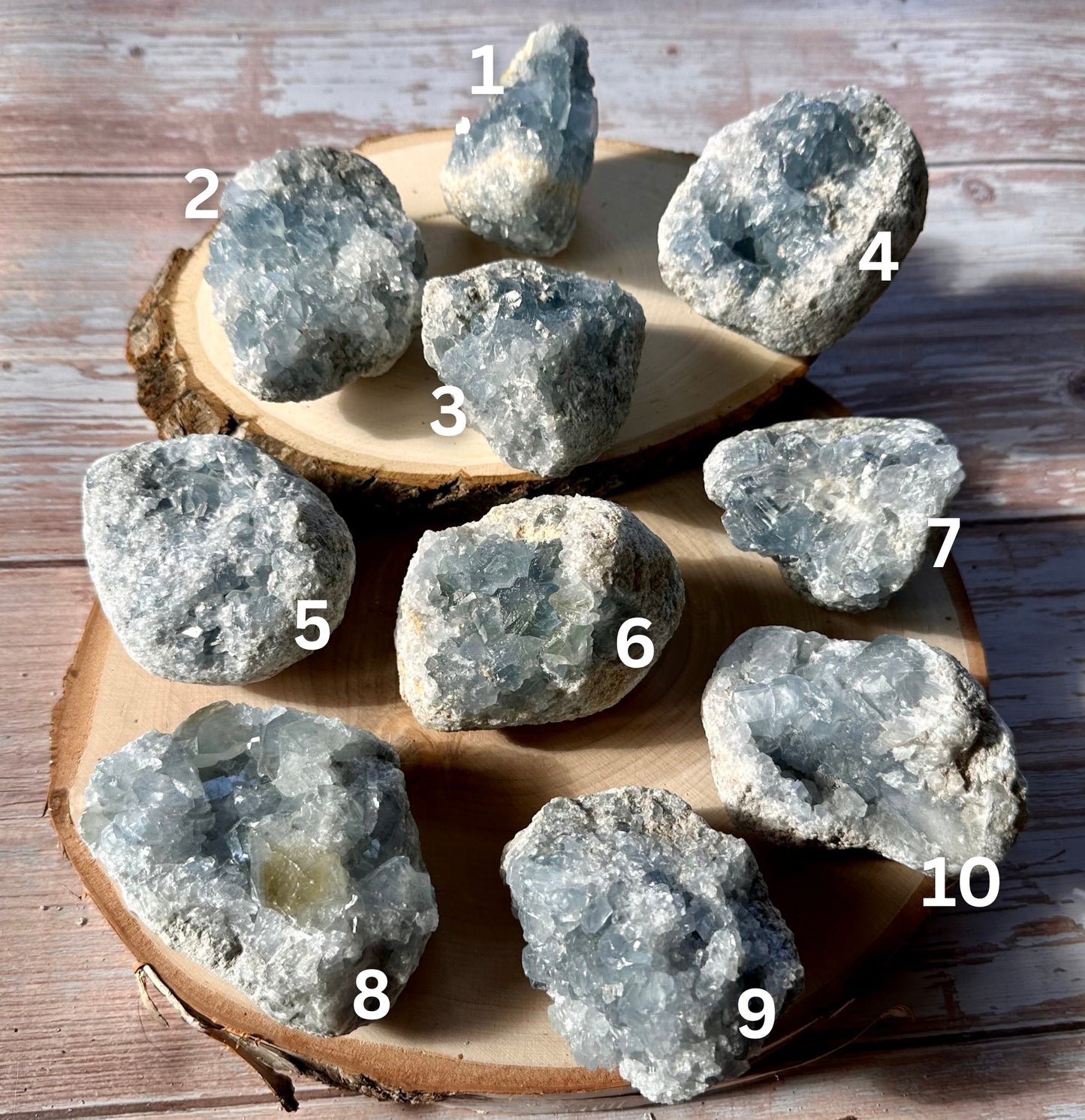 numbered celestite druzy clusters on wood slices on a wooden table
