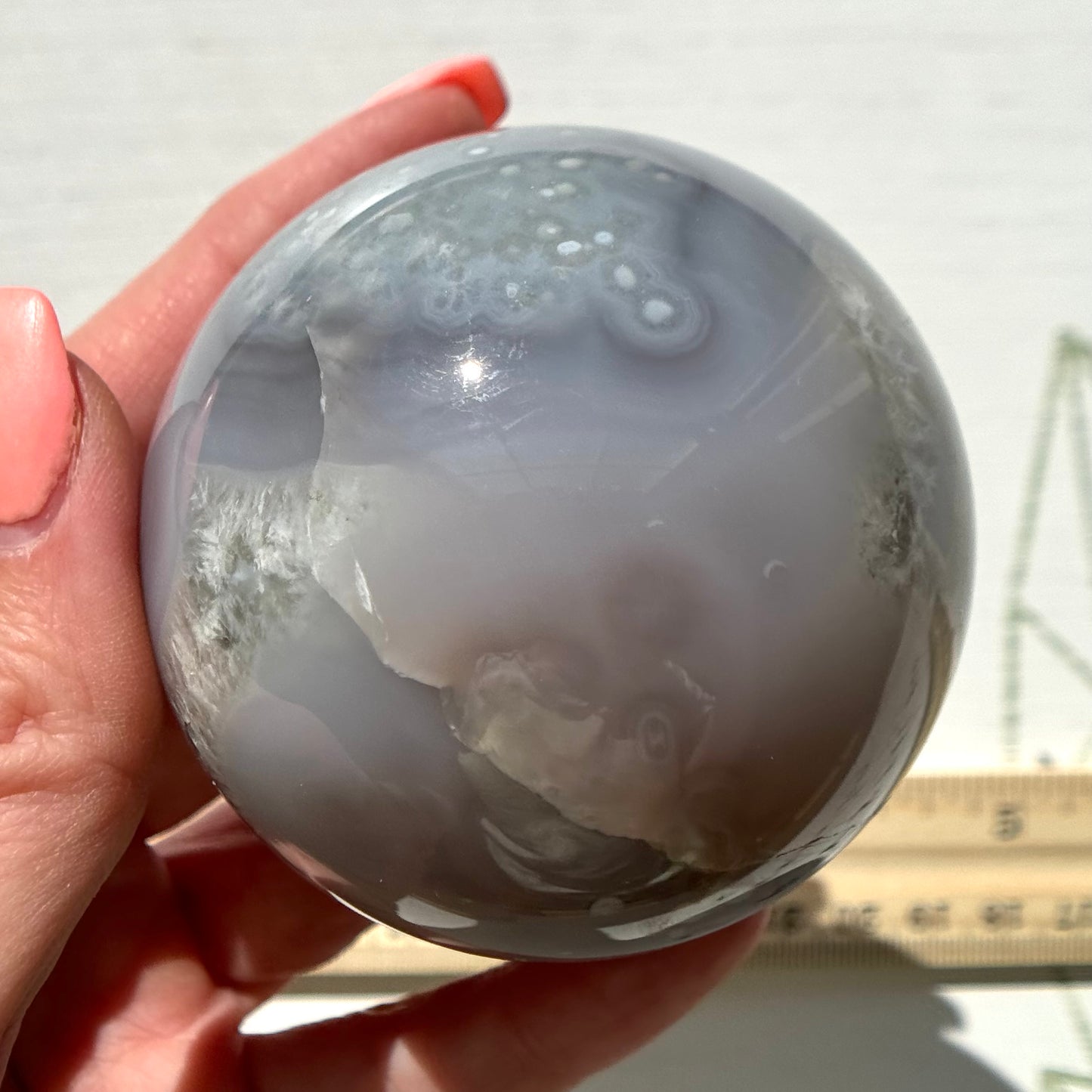 Blue Chalcedony with Flower Agate Sphere from Madagascar