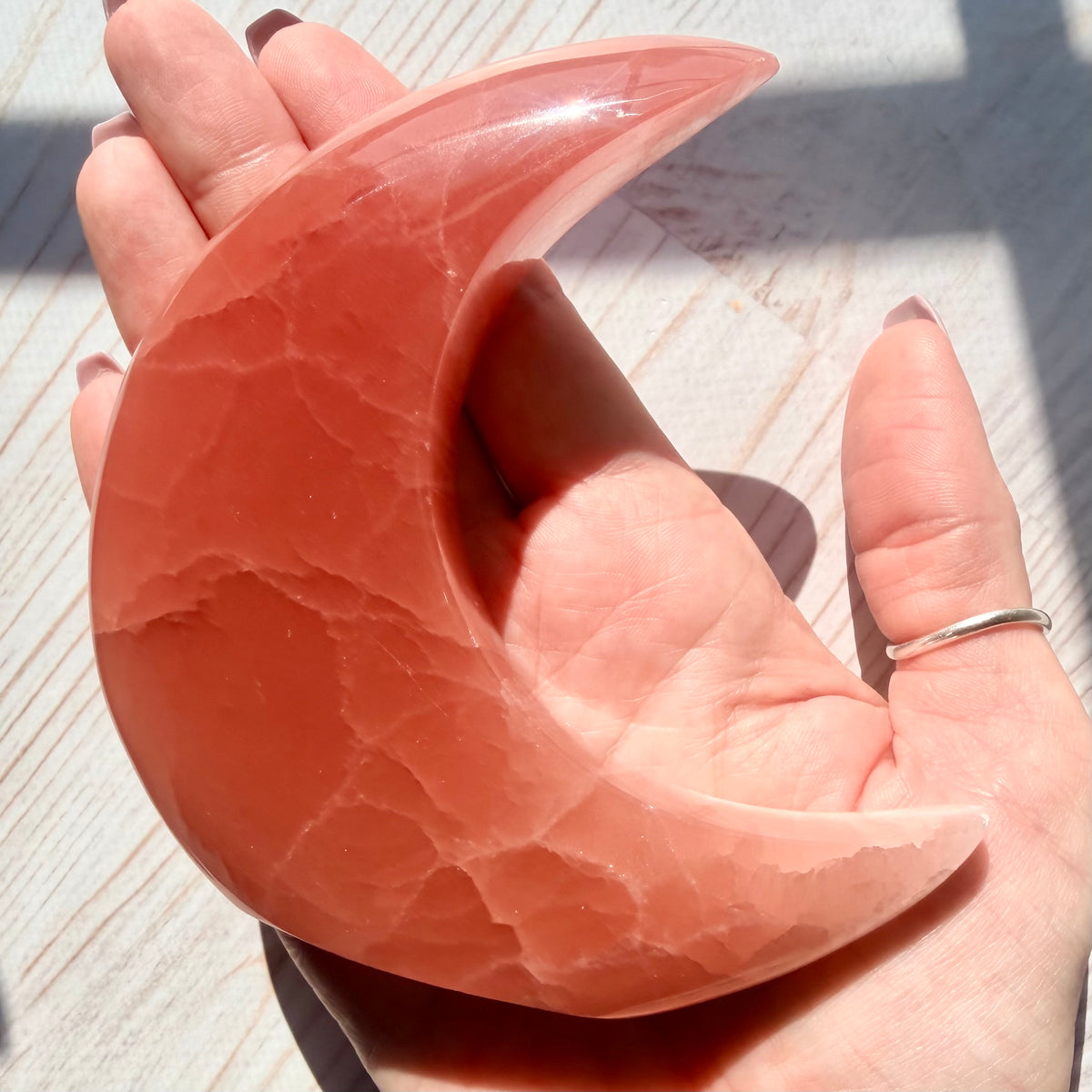 Rose Calcite Crescent Moon Carving – Crystal for Self-Love