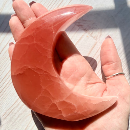 Rose Calcite Crescent Moon Carving – Crystal for Self-Love