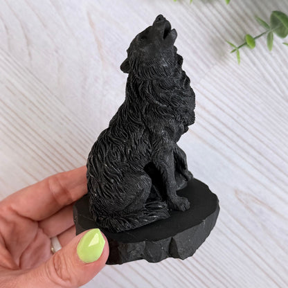 Karelian Shungite Howling Wolf Carving - EMF Protection Statue