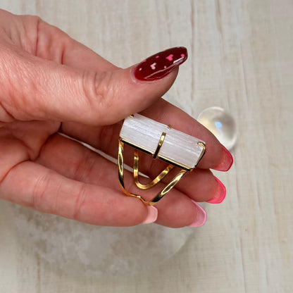 Beautiful Selenite Adjustable Gold Ring from Brazil