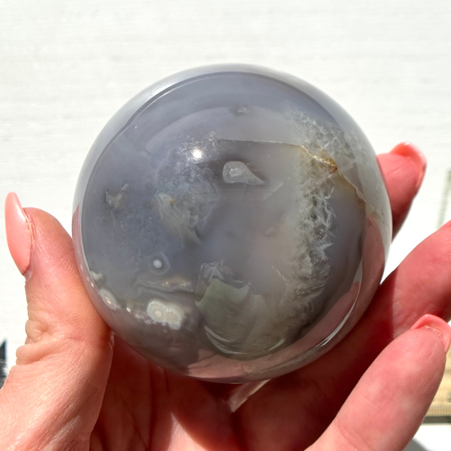Blue Chalcedony with Flower Agate Sphere from Madagascar