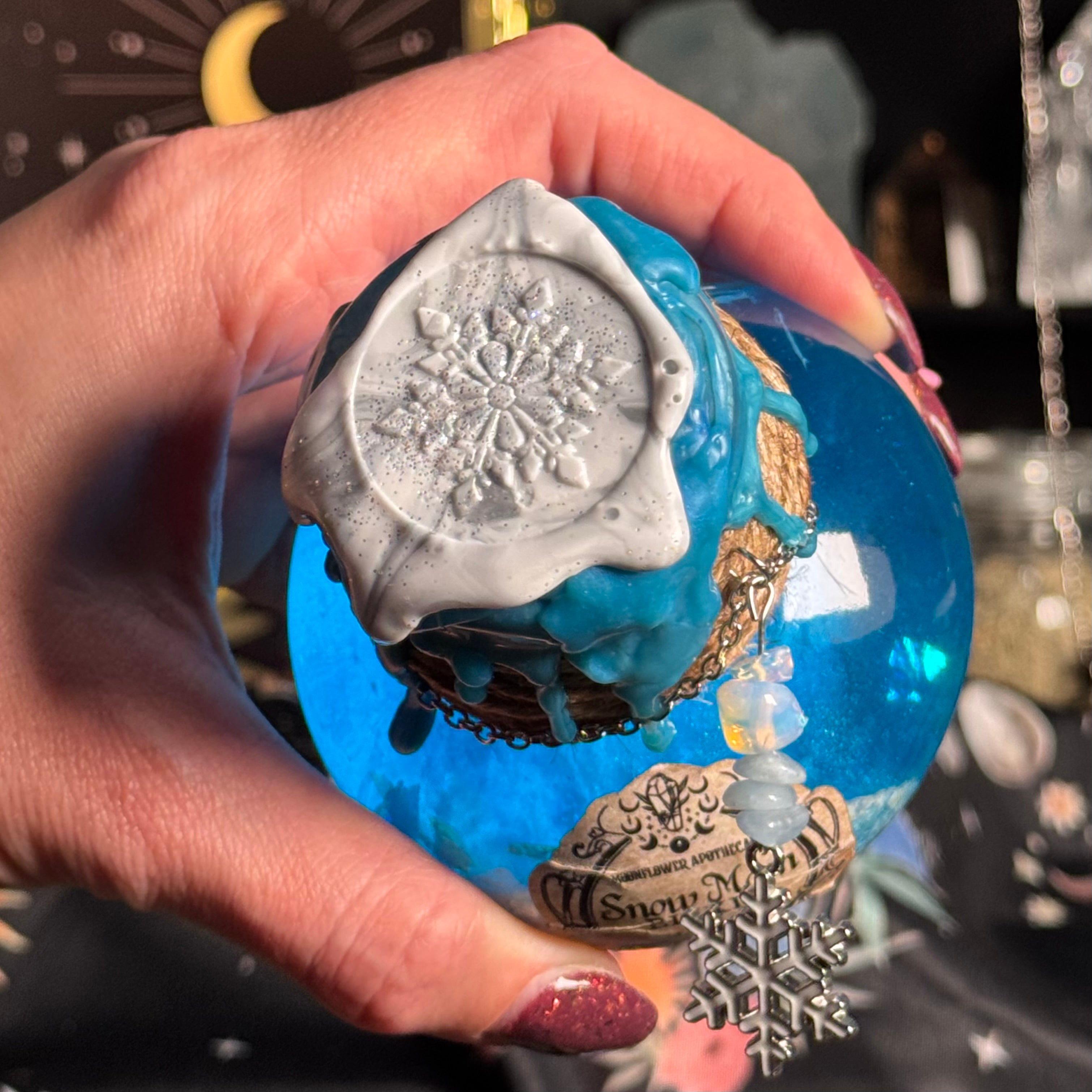 Snow Moon Elixir Decorative Potion Bottle w/ Opalite & Aquamarine