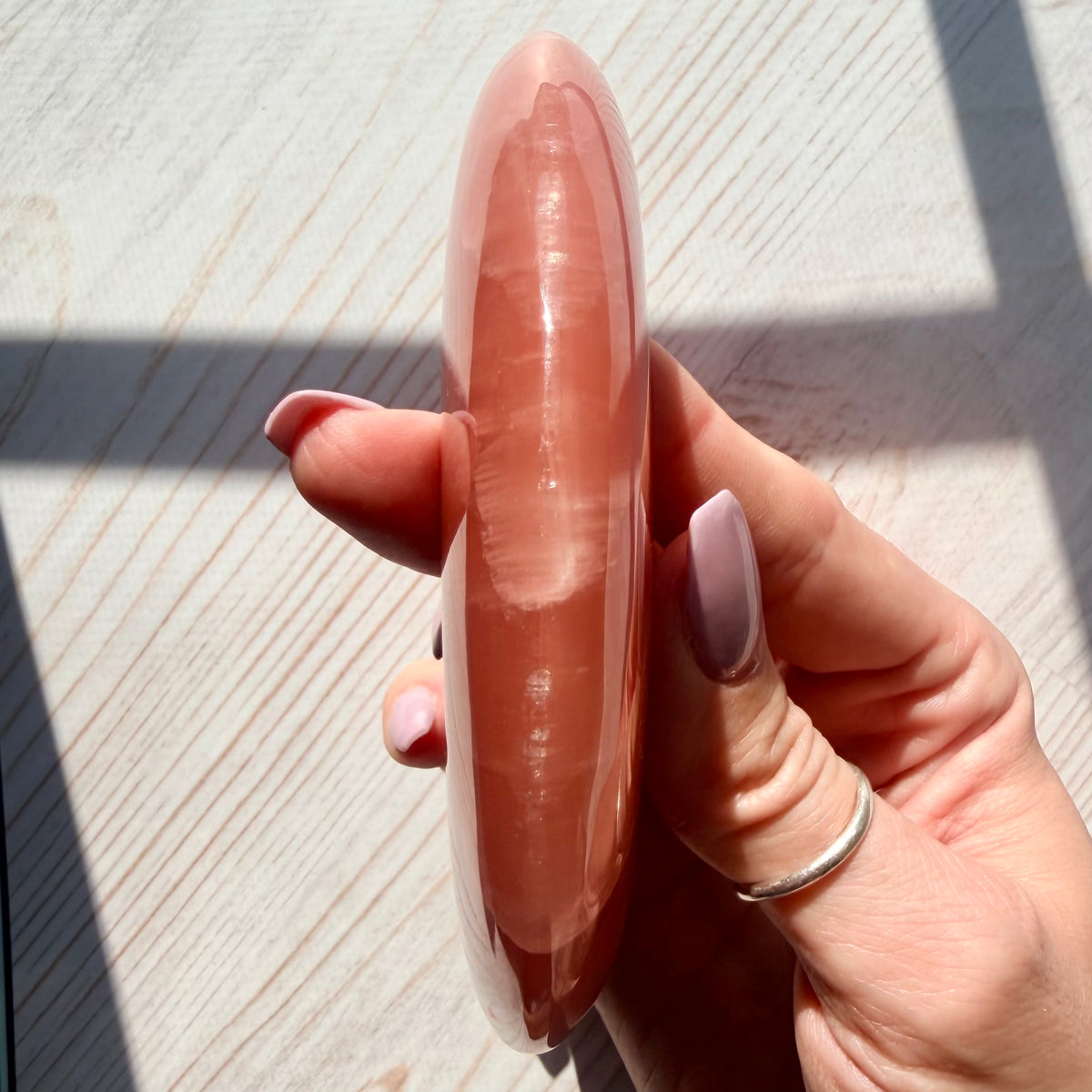 Rose Calcite Crescent Moon Carving – Crystal for Self-Love