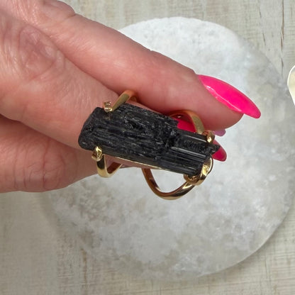 Gorgeous Raw Black Tourmaline Adjustable Gold Ring from Brazil