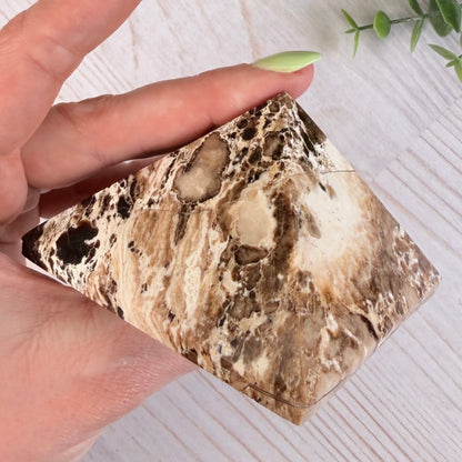 Chocolate Calcite Pyramid – Brown & Cream Crystal for Grounding