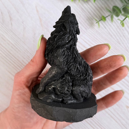 Karelian Shungite Howling Wolf Carving - EMF Protection Statue
