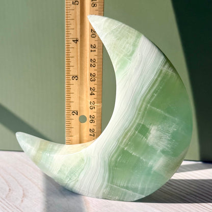 Pistachio Calcite Crescent Moon Carving – Soft Green Crystal for Peace