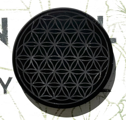 EMF Blocking Flower of Life Engraved Shungite Tile from Russia (10cm Round)