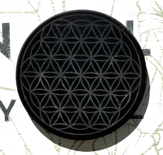 Engraved Shungite Tile - Flower of Life (10cm Round)