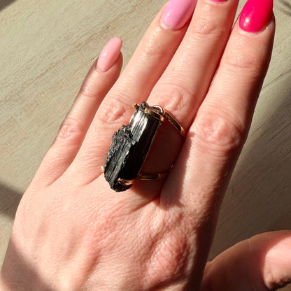 Gorgeous Raw Black Tourmaline Adjustable Gold Ring from Brazil