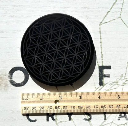 EMF Blocking Flower of Life Engraved Shungite Tile from Russia (10cm Round)