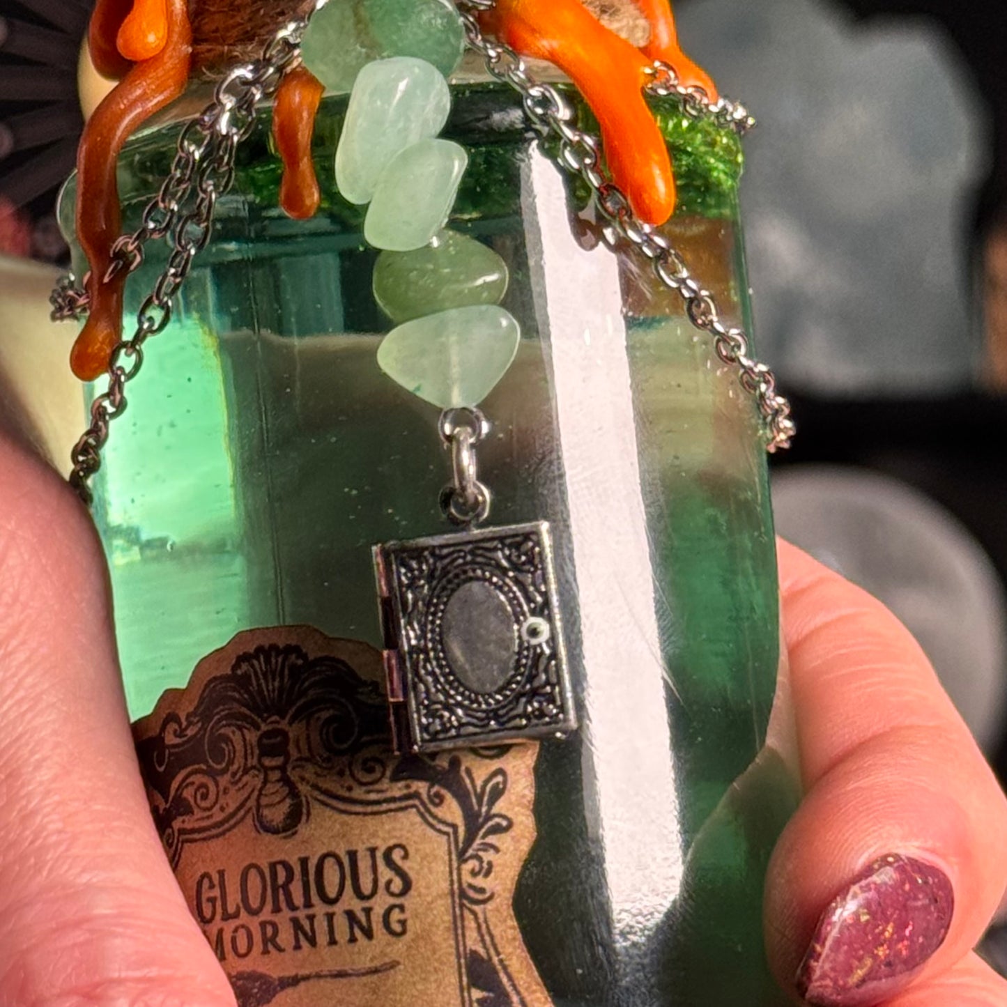 Handmade "Glorious Morning" Glass Kinetic Potion Bottle w/ Green Aventurine Crystals