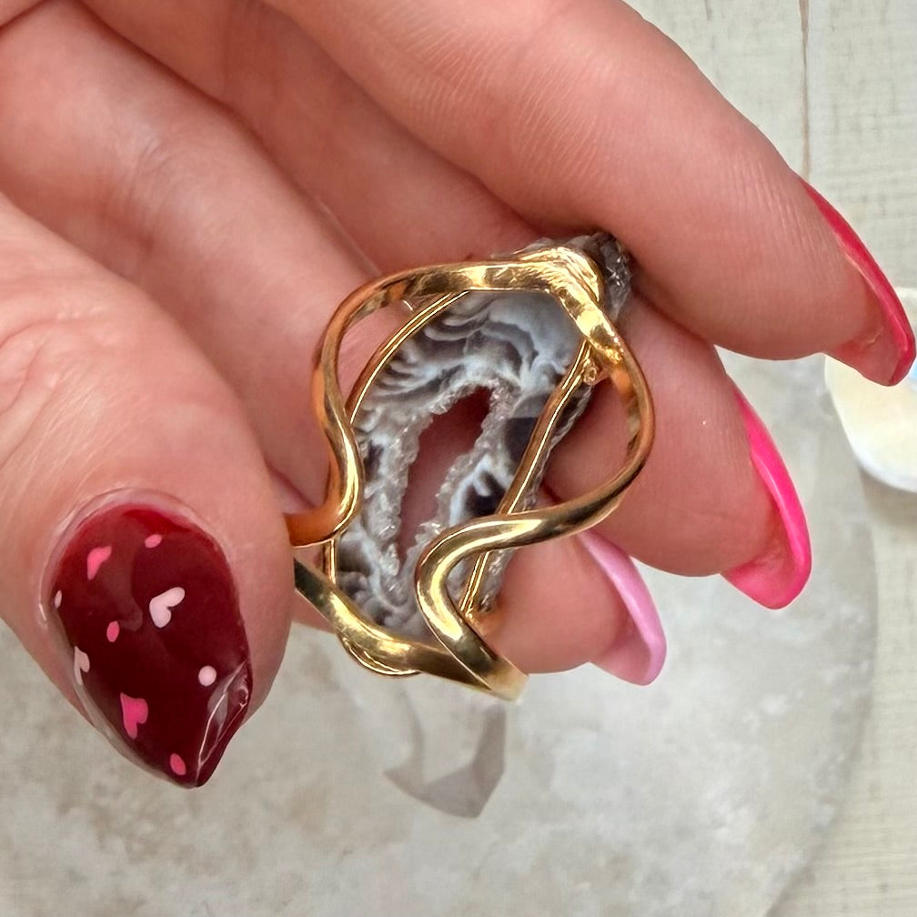 Gorgeous Agate Adjustable Gold Ring from Brazil