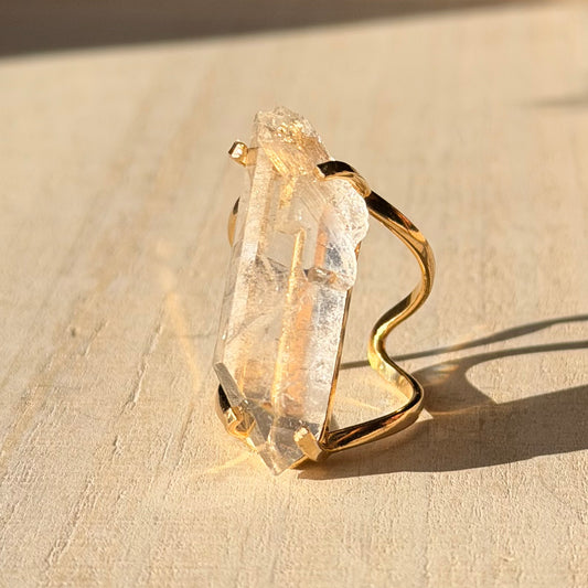 Stunning Lemurian Quartz Adjustable Gold Ring from Brazil