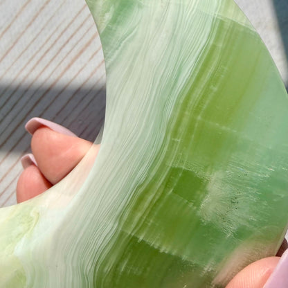 Pistachio Calcite Crescent Moon Carving – Soft Green Crystal for Peace