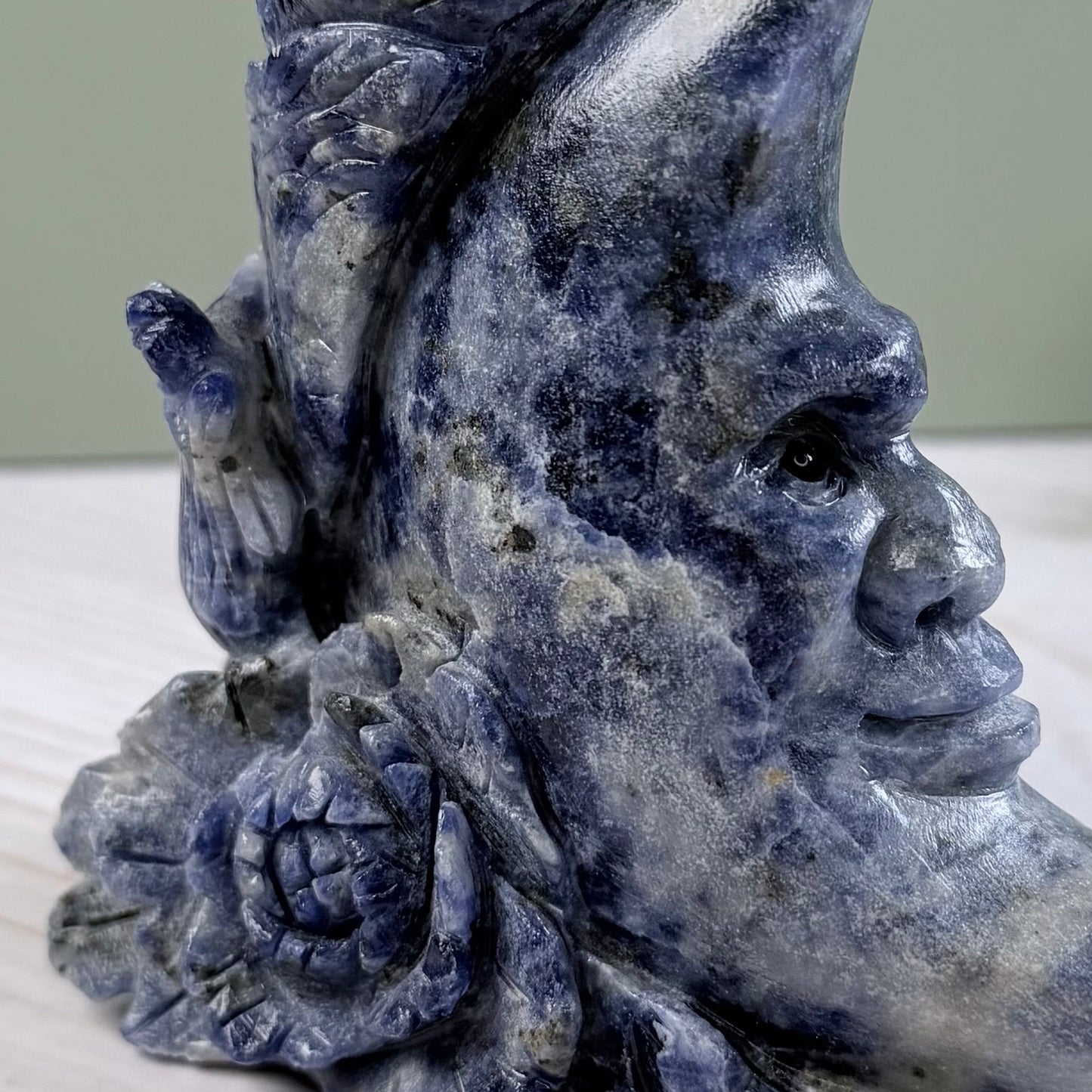 High Quality Sodalite Rooster + Moon Carving