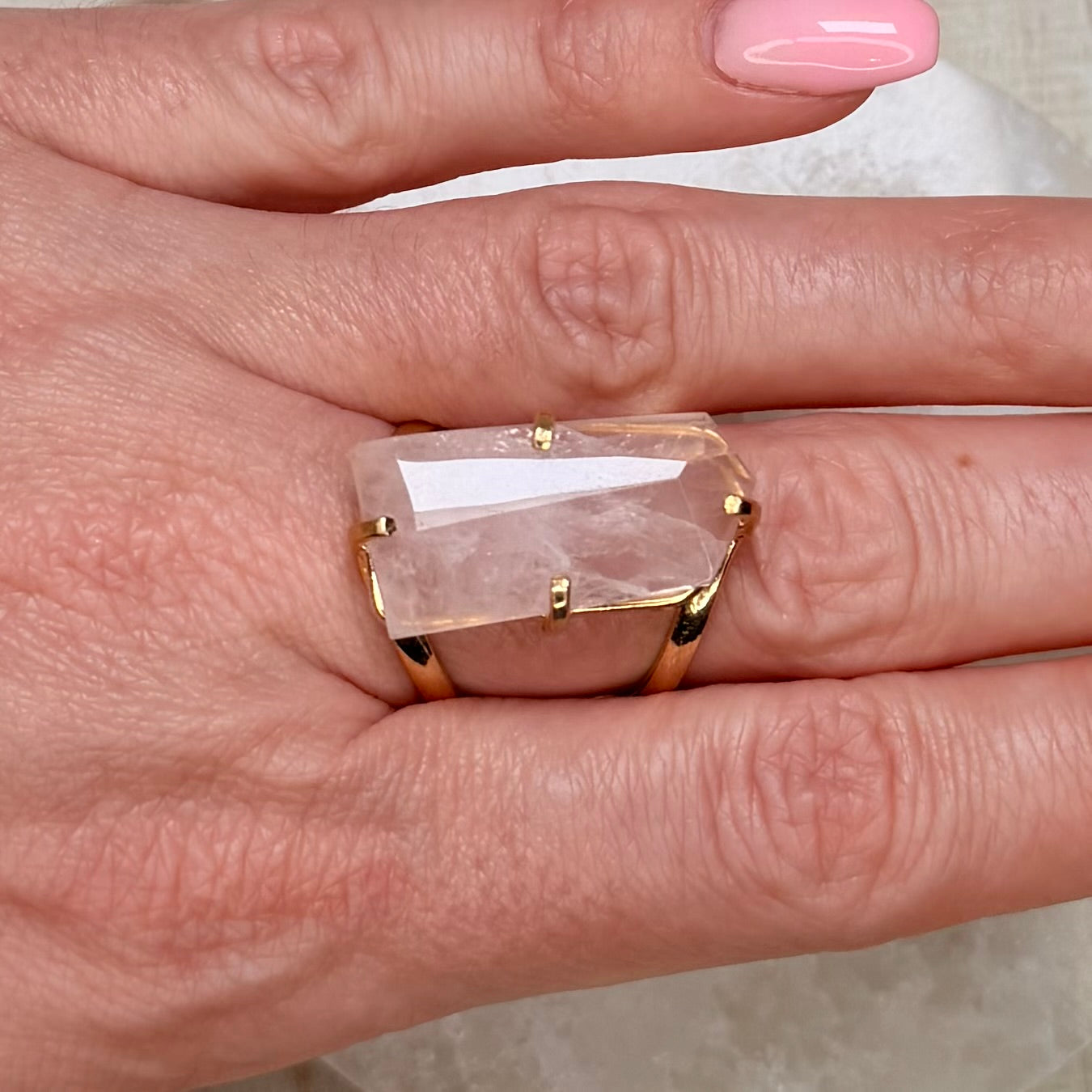Stunning Faceted Rose Quartz Adjustable Gold Ring from Brazil