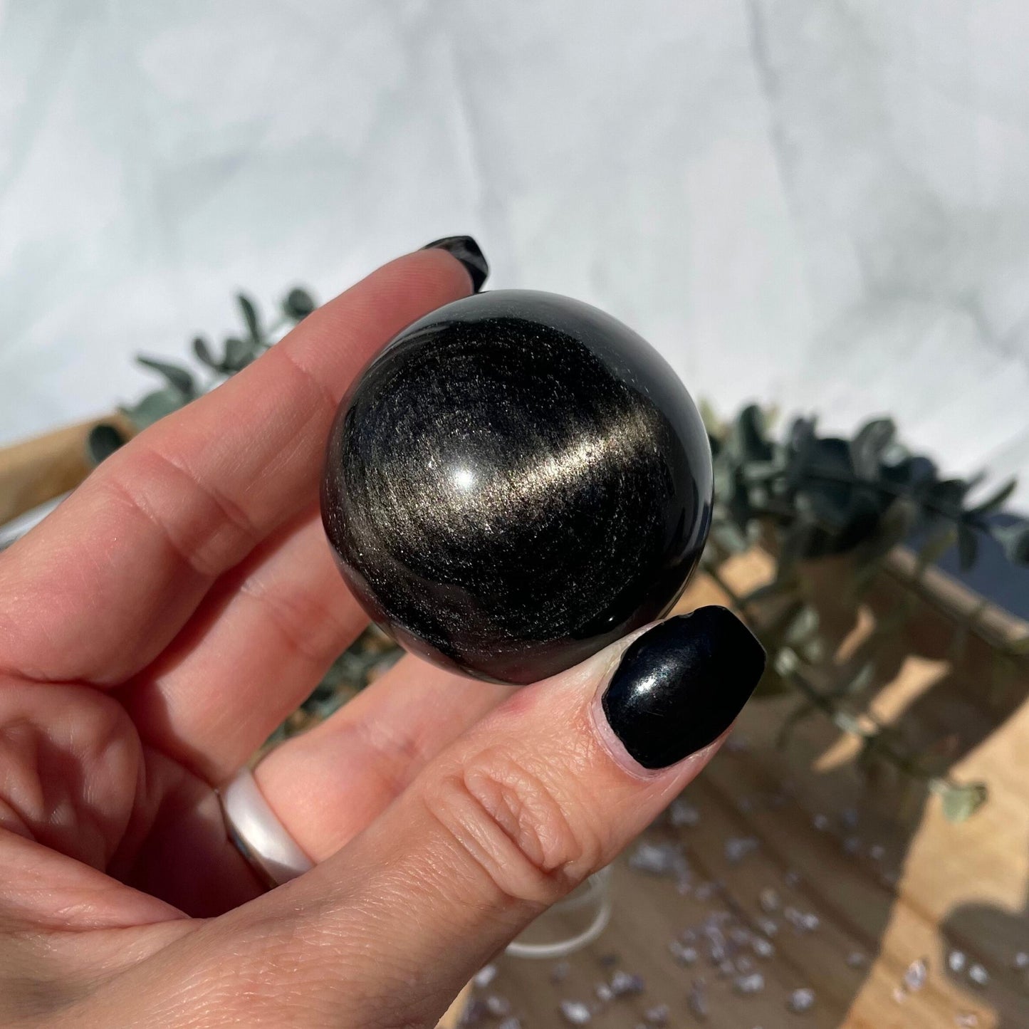 silver sheen obsidian sphere