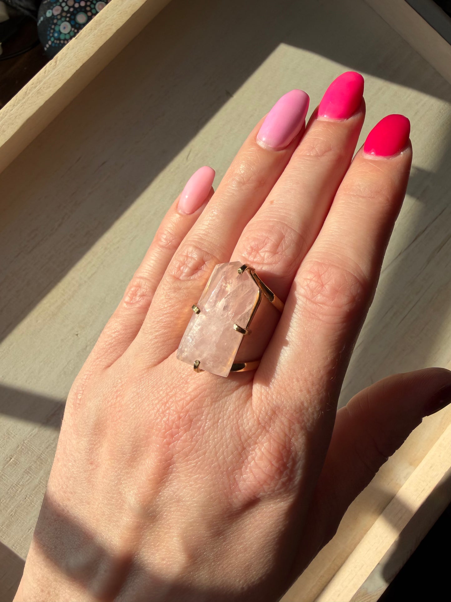 Stunning Faceted Rose Quartz Adjustable Gold Ring from Brazil