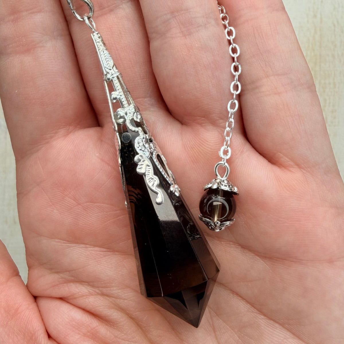 Faceted Crystal Point Pendulum with Silver Filigree Cap | Dowsing & Divination Pendulum