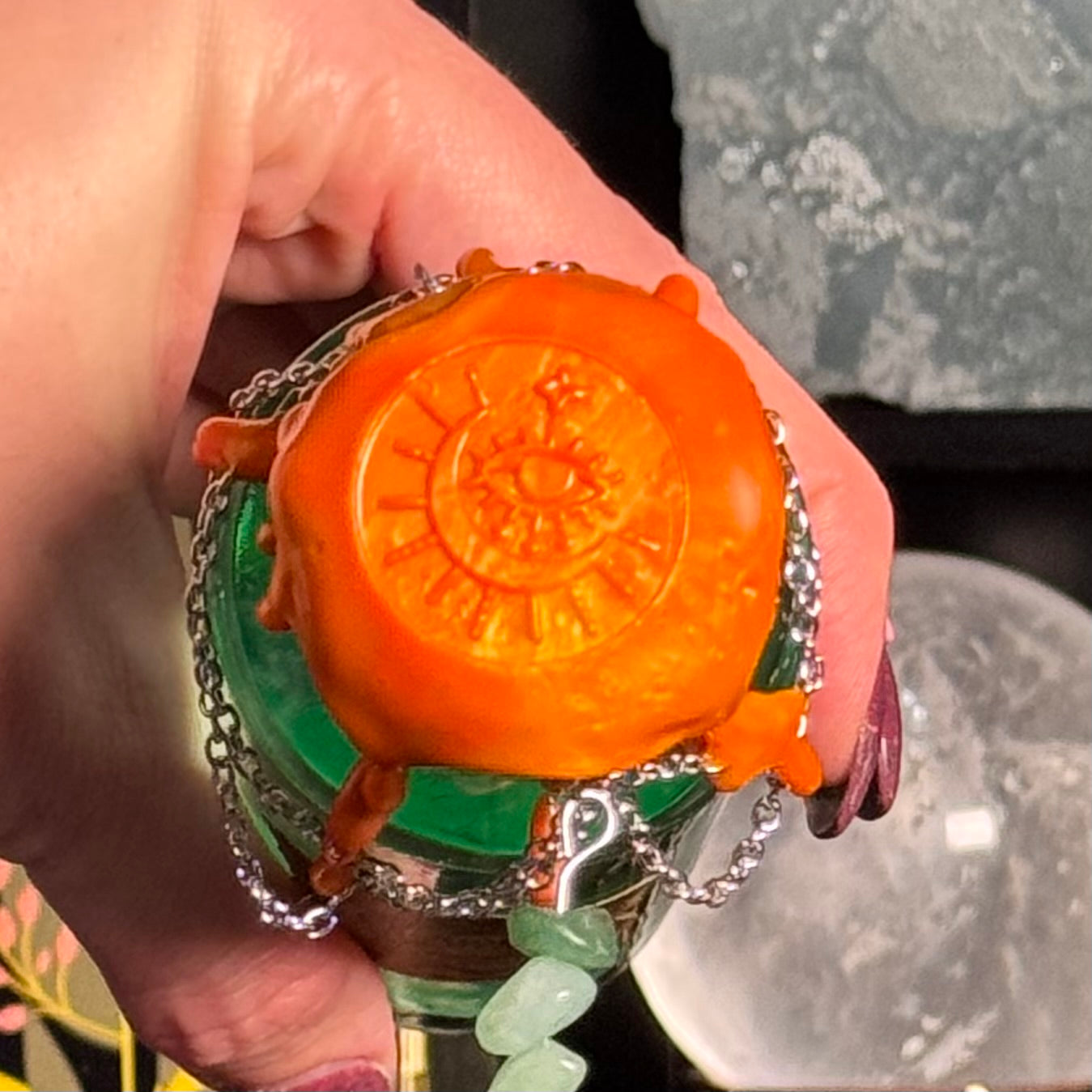 Handmade "Glorious Morning" Glass Kinetic Potion Bottle w/ Green Aventurine Crystals