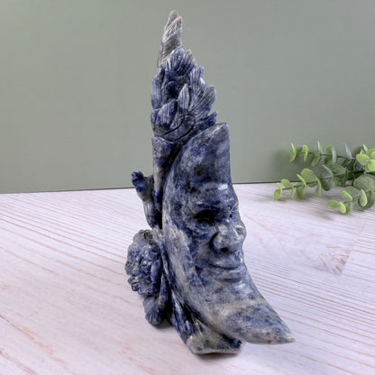 High Quality Sodalite Rooster + Moon Carving