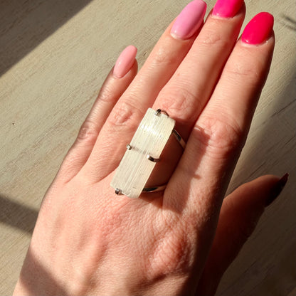Beautiful Selenite Adjustable Silver Ring from Brazil