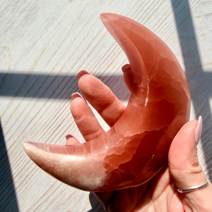 Rose Calcite Crescent Moon Carving – Crystal for Self-Love