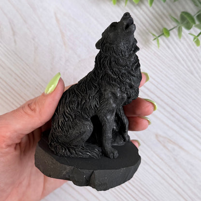 Karelian Shungite Howling Wolf Carving - EMF Protection Statue