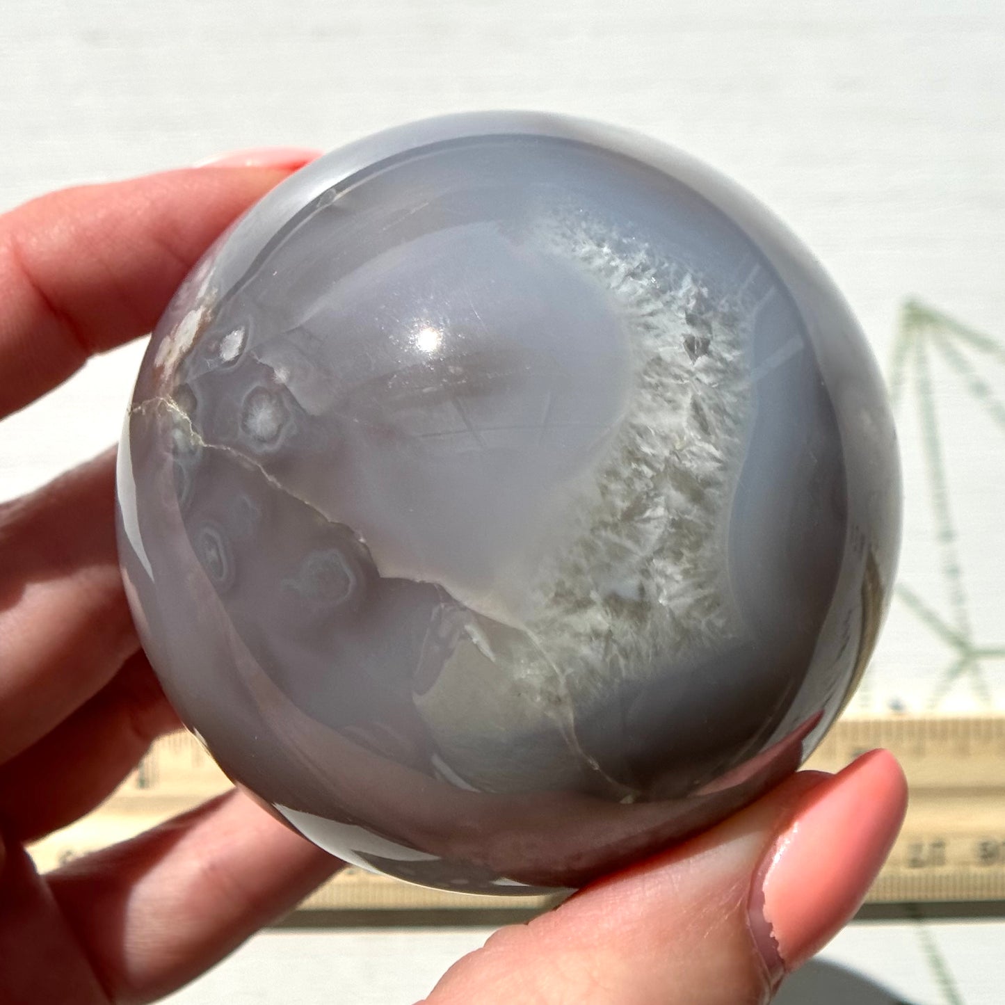 Blue Chalcedony with Flower Agate Sphere from Madagascar
