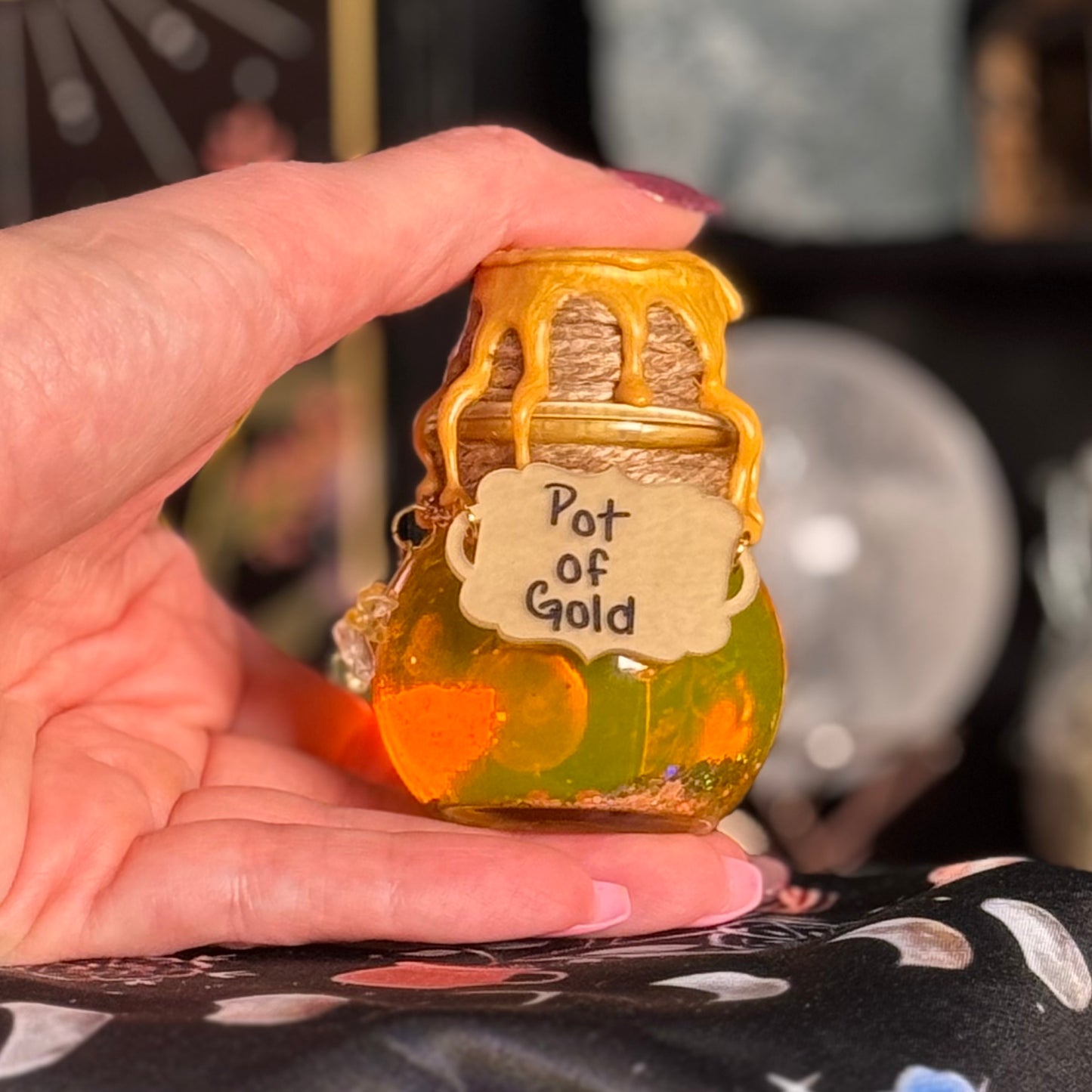 Mini Handmade "Pot of Gold" Glass Kinetic Potion Bottle w/ Clear Quartz & Citrine Crystals